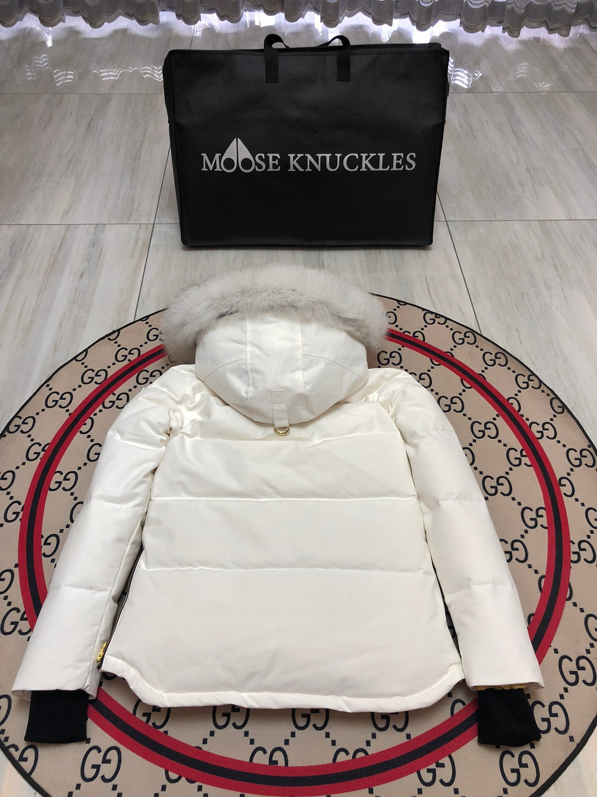 Moose Knuckles Women's White Quilted Jacket with Plush Hood Trim