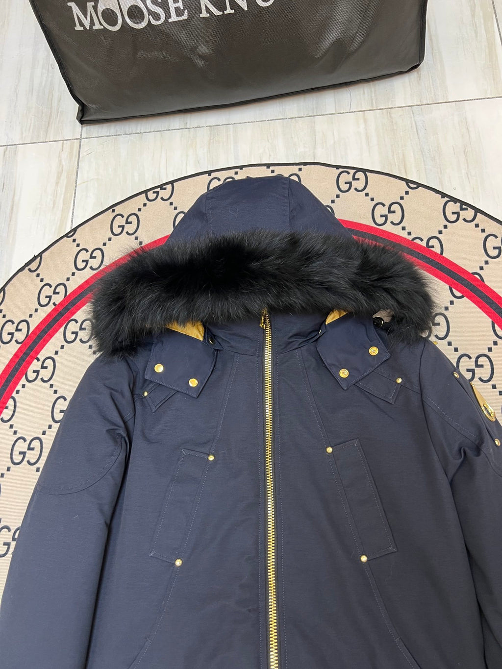 Moose Knuckles Men's Navy Hooded Bomber Jacket with Plush Trim