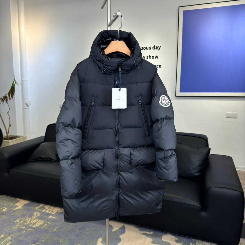 Moncler Bosona Long Hooded Puffer Coat with Oversized Logo