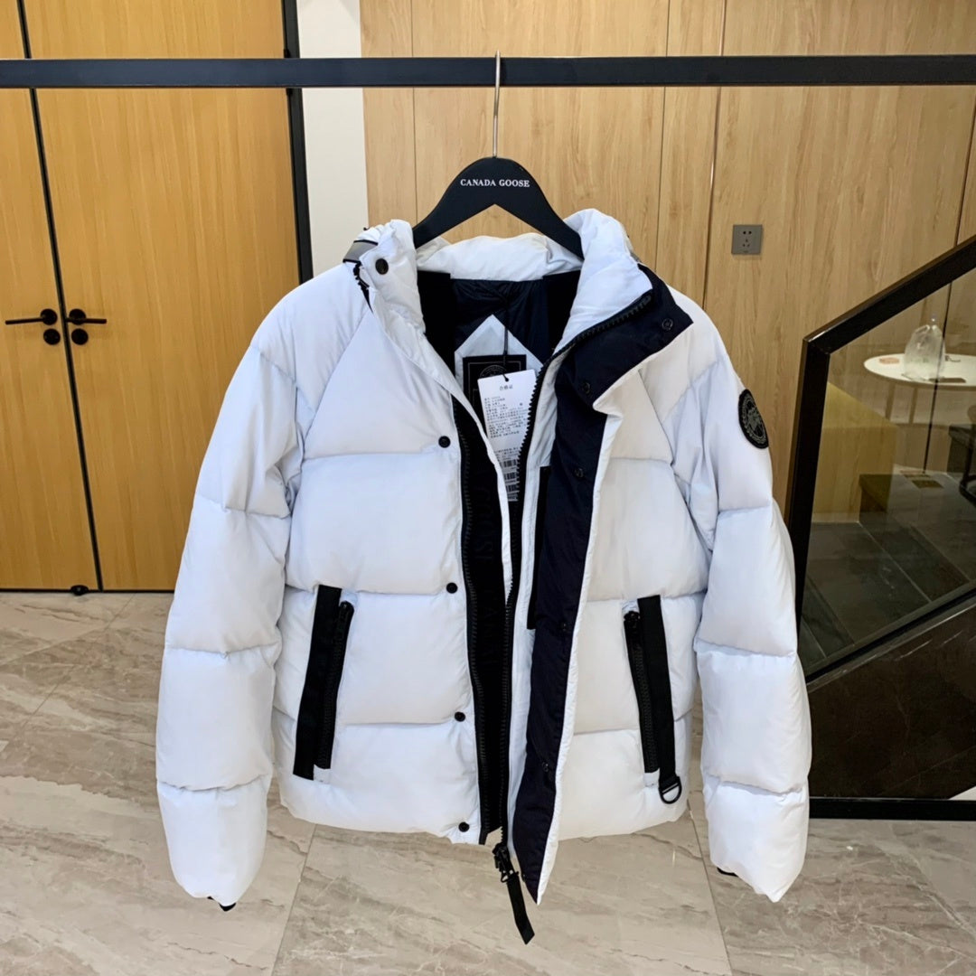 Canada Goose White Hooded Puffer Jacket with Black Badge