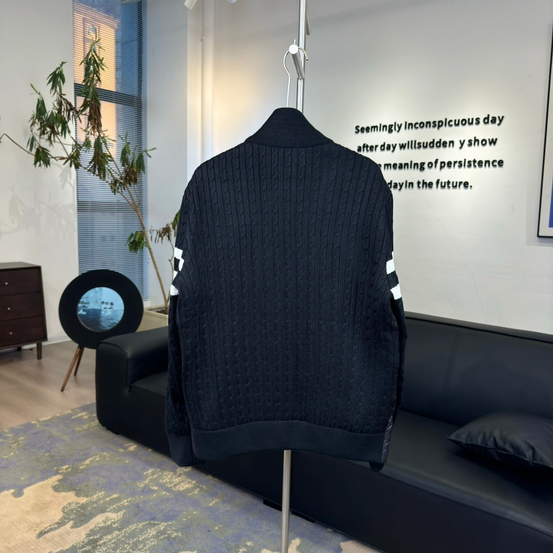 Moncler Dark Navy Quilted-Front Knit Jacket with Striped Sleeves
