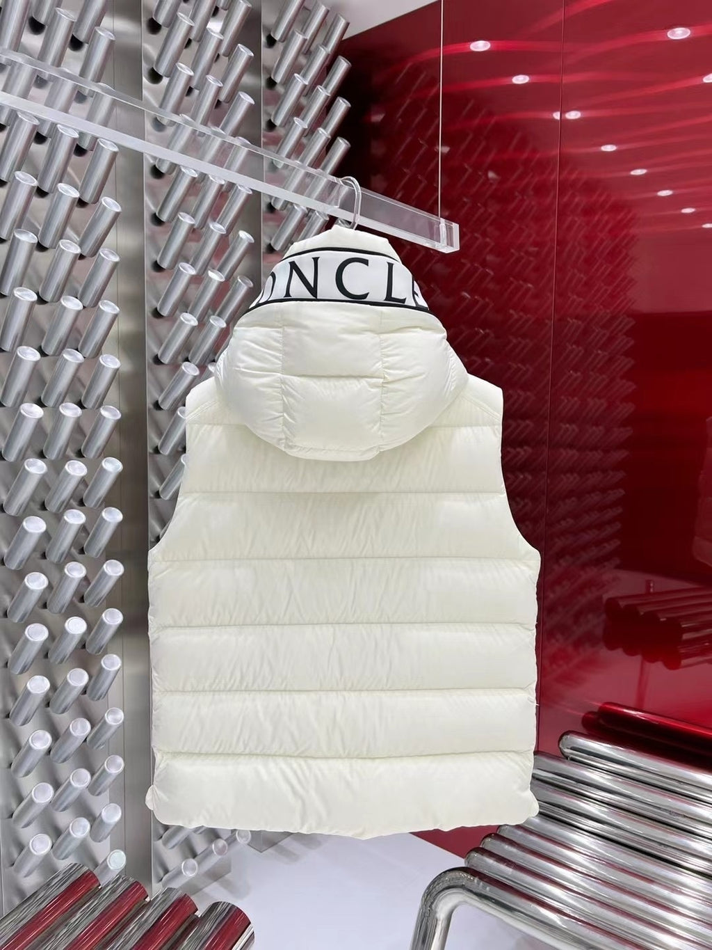 Moncler Hooded Down Vest with Logo Lettering in White