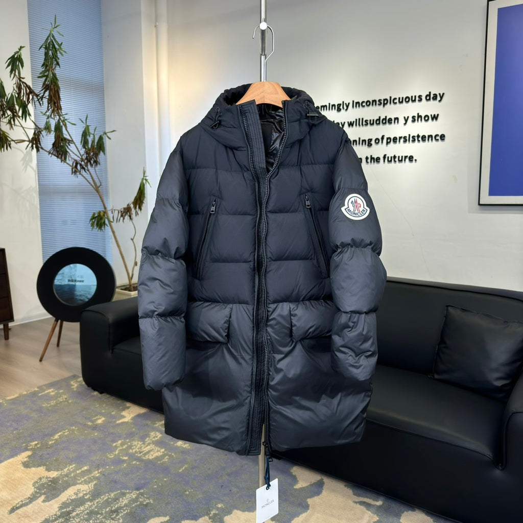 Moncler Bosona Long Hooded Puffer Coat with Oversized Logo