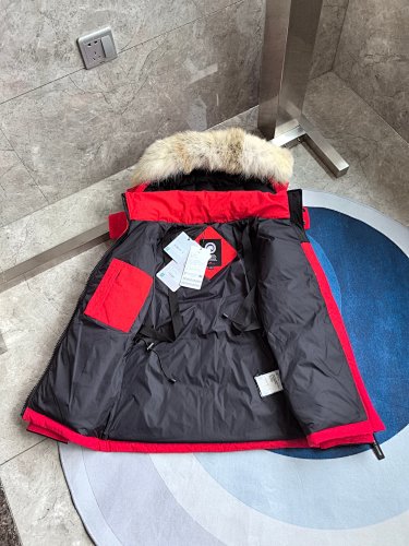 Canada Goose Red Hooded Puffer Jacket with Plush Trim