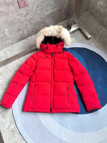 Canada Goose Red Hooded Puffer Jacket with Plush Trim