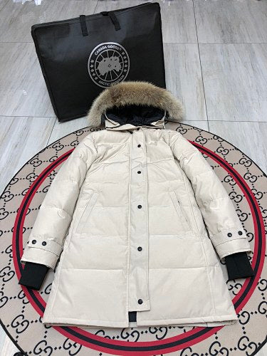 Canada Goose Women's Cream Long Quilted Hooded Parka