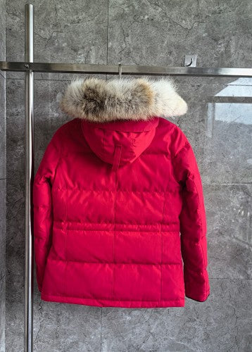 Canada Goose Red Hooded Puffer Jacket with Plush Trim